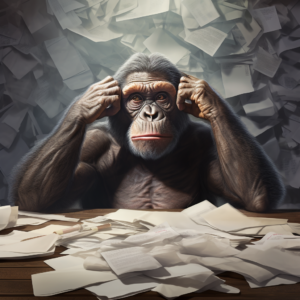 Chimp staring at pieces of paper